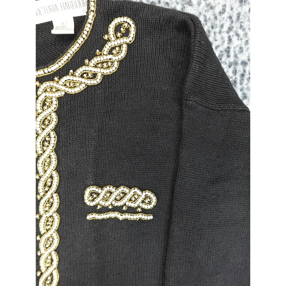 Victoria Harbour Beaded Sweater Womens Large‎ Black Gold Faux Pearl Ramie Cotton